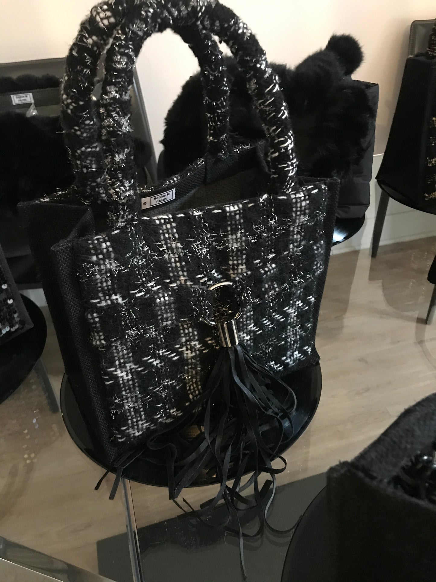 SAC TWEED ET POMPON CUIR